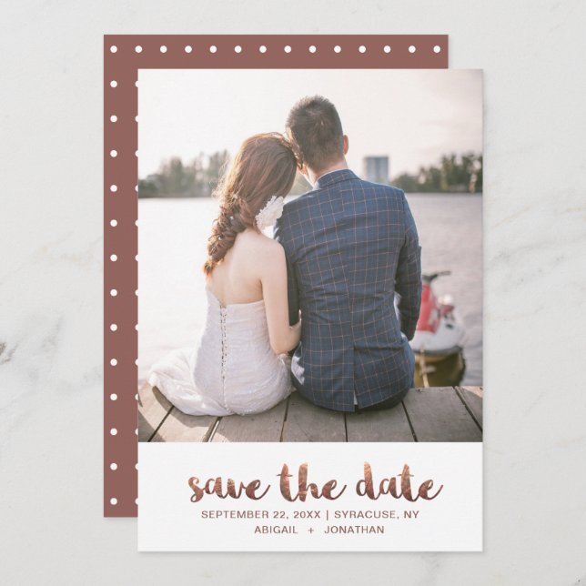 Chic Imitate Kupfer Rose Script mit Dots Foto Save The Date (Vorne/Hinten)