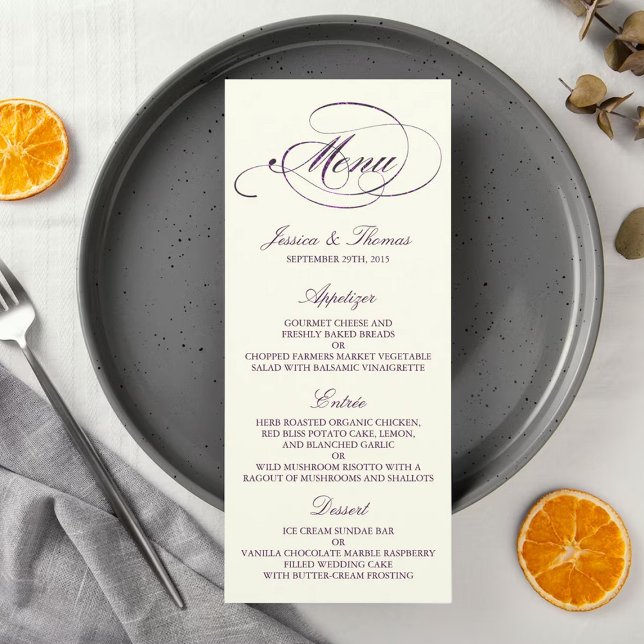 Chic Imitate Plum Foil Wedding Menu Template - Elf Menükarte (Von Creator hochgeladen)