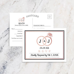 Chic Imitate Rose Gold Foil Monogram Wedding Rings Einladungspostkarte