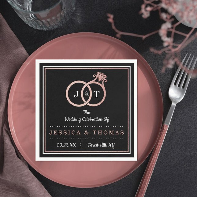 Chic Imitate Rose Gold Foil Monogram Wedding Rings Serviette (Von Creator hochgeladen)