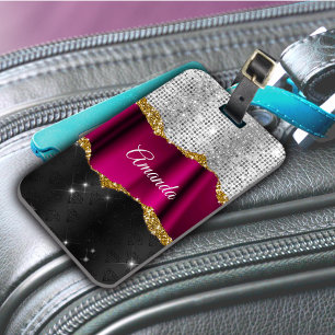 Chic Imitate silber Glitzer Fuchsia schwarze Monog Gepäckanhänger