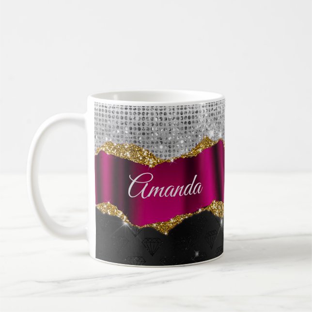 Chic Imitate silber Glitzer Fuchsia schwarze Monog Kaffeetasse (Links)