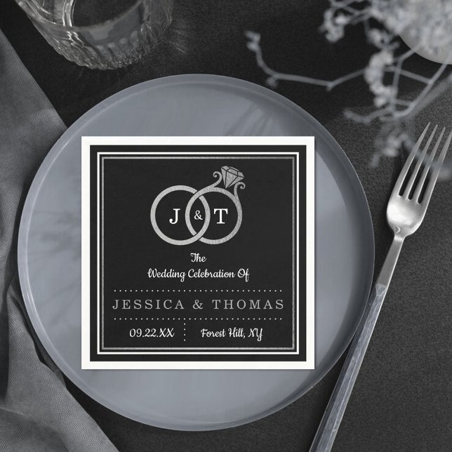 Chic Imitate Silver Foil Monogram Wedding Rings Serviette (Von Creator hochgeladen)