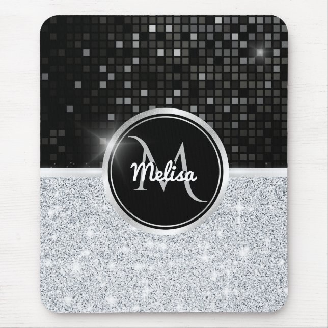 Chic Imitate Silver Glitzer Black Glitzer Monogram Mousepad (Vorne)
