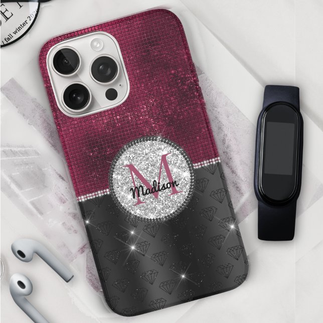 Chic Imitate Silver Glitzer Burgundy Black Monogra Case-Mate iPhone Hülle (Von Creator hochgeladen)