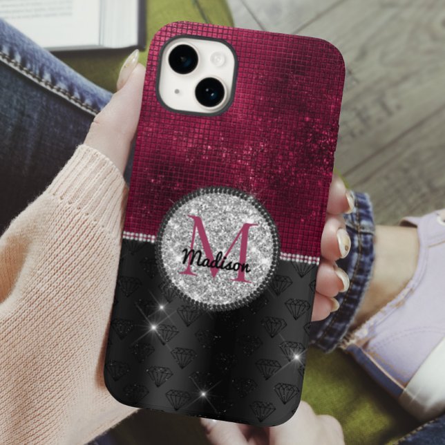 Chic Imitate Silver Glitzer Burgundy Black Monogra Case-Mate iPhone Hülle (Von Creator hochgeladen)