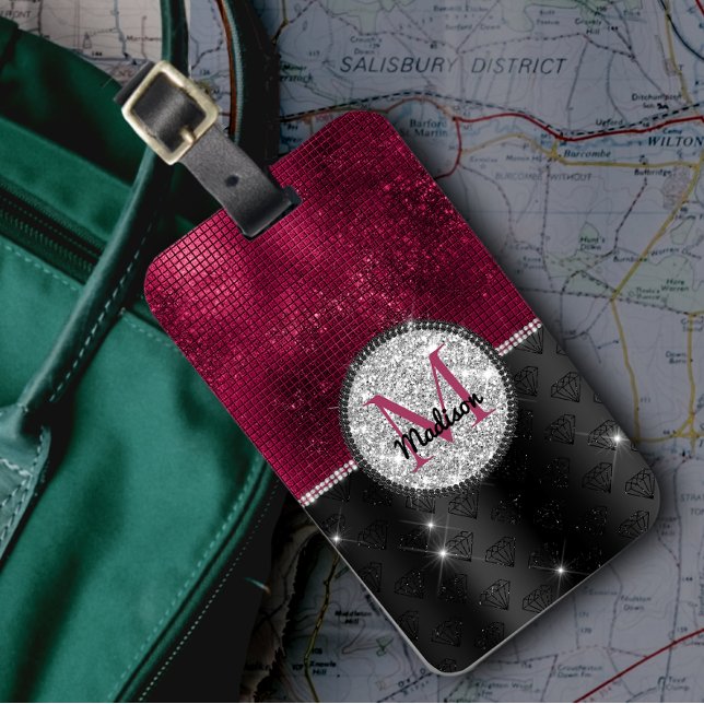 Chic Imitate Silver Glitzer Burgundy Black Monogra Gepäckanhänger (Von Creator hochgeladen)