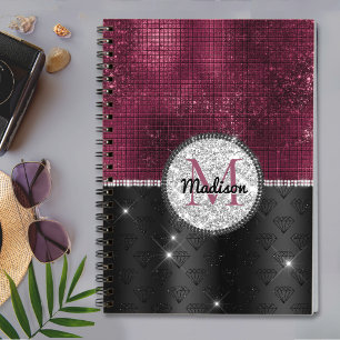 Chic Imitate Silver Glitzer Burgundy Black Monogra Notizbuch