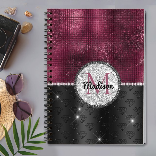 Chic Imitate Silver Glitzer Burgundy Black Monogra Notizbuch (Von Creator hochgeladen)