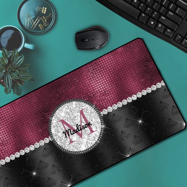 Chic Imitate Silver Glitzer Burgundy Black Monogra Schreibtischunterlage (Von Creator hochgeladen)