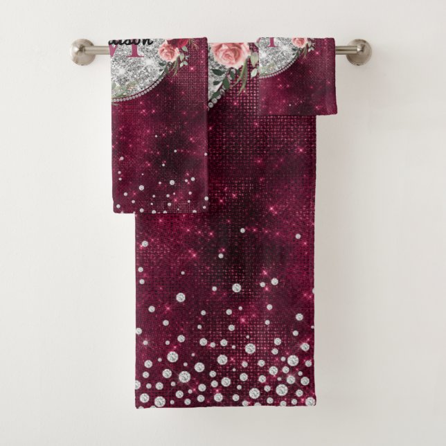 Chic Imitate Silver Glitzer Burgundy Floral Monogr Badhandtuch Set (Insitu)