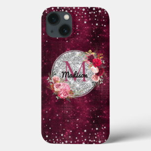 Chic Imitate Silver Glitzer Burgundy Floral Monogr Case-Mate iPhone Hülle