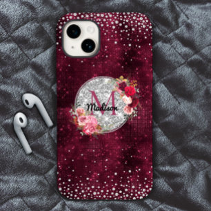 Chic Imitate Silver Glitzer Burgundy Floral Monogr Case-Mate iPhone 14 Hülle