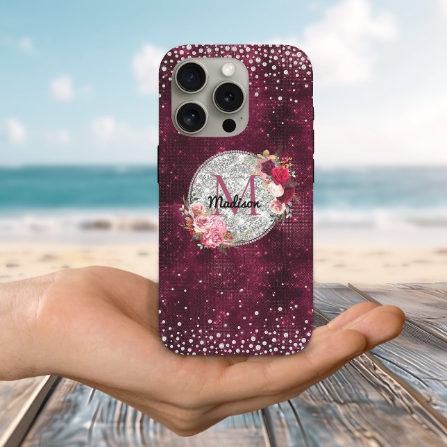 Chic Imitate Silver Glitzer Burgundy Floral Monogr Case-Mate iPhone Hülle (Von Creator hochgeladen)