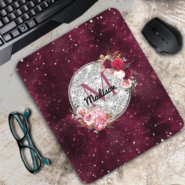 Chic Imitate Silver Glitzer Burgundy Floral Monogr Mousepad (Von Creator hochgeladen)