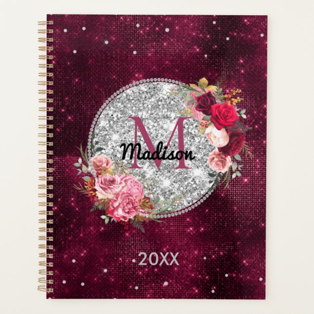 Chic Imitate Silver Glitzer Burgundy Floral Monogr Planer (Vorderseite)