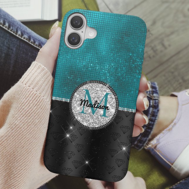 Chic Imitate Silver Glitzer Türkis Schwarzes Monog Case-Mate iPhone Hülle (Von Creator hochgeladen)