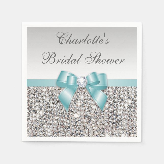 Chic Imitats Aquamarin Bow Silver Sequins Brautpar Serviette (Vorderseite)