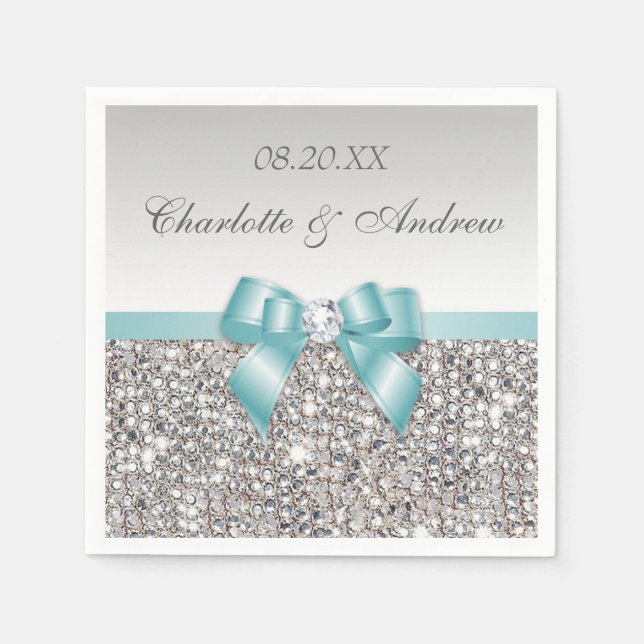 Chic Imitats Aquamarin Bow Silver Sequins Wedding Serviette (Vorderseite)
