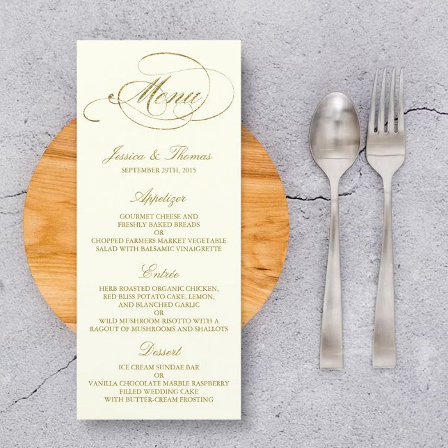 Chic Imitats Gold Foil Wedding Menu Template Menükarte (Von Creator hochgeladen)