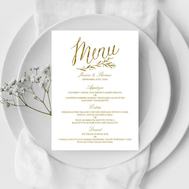 Chic Imitats Gold Foil Wedding Menu Template Menükarte (Von Creator hochgeladen)