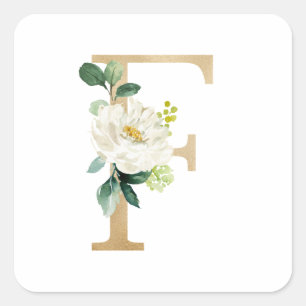 Chic Imitats Goldfolie Weiße Blume Letter F Monog Quadratischer Aufkleber