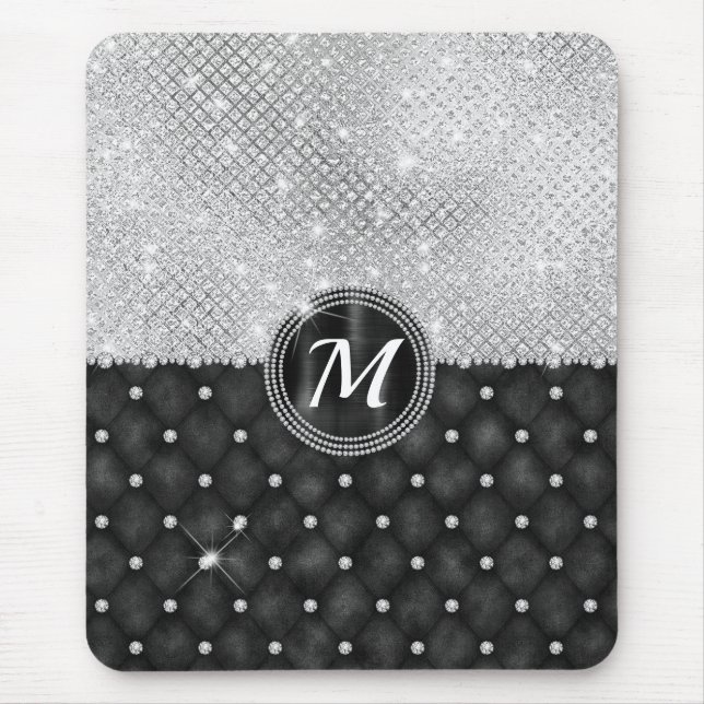 Chic Imitats Kristallsilber-Schwarz-Diamant-Monogr Mousepad (Vorne)