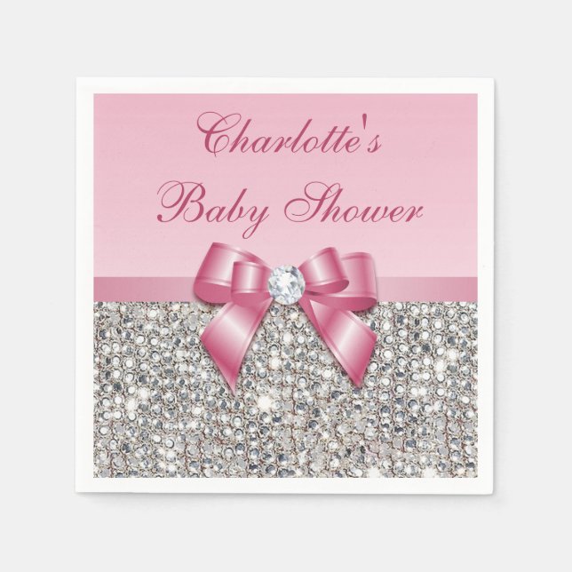 Chic Imitats Pink Bow Silver Sequins Baby Dusche Serviette (Vorderseite)