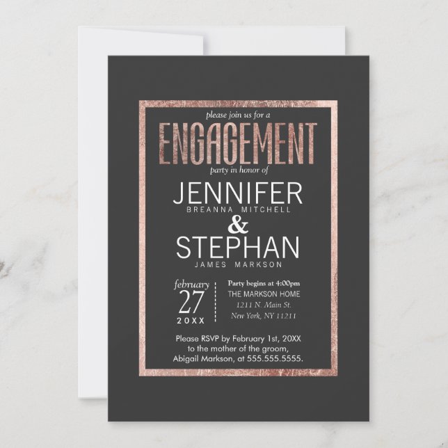 Chic Imitats Rose Gold Engagement Partei Einladung (Vorderseite)