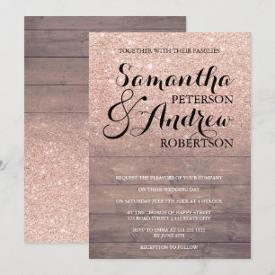 Chic Imitats Rose Gold Glitzer rustikale Holzhochz Einladung