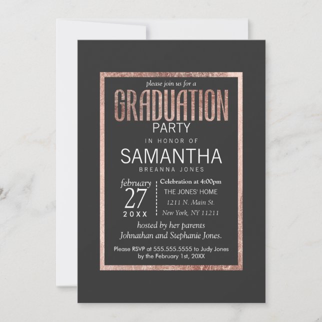 Chic Imitats Rose Gold Graduation Party Einladunge Einladung (Vorderseite)