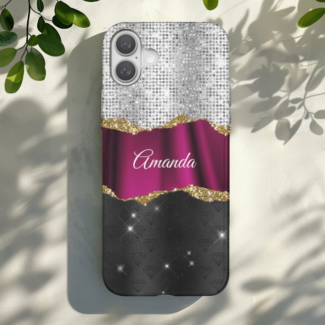 Chic Imitats silber Glitzer rosa Schwarz Monogramm Case-Mate iPhone Hülle (Von Creator hochgeladen)