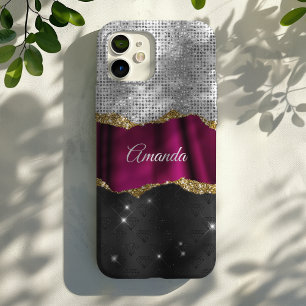 Chic Imitats silber Glitzer rosa Schwarz Monogramm iPhone 16 Pro Hülle