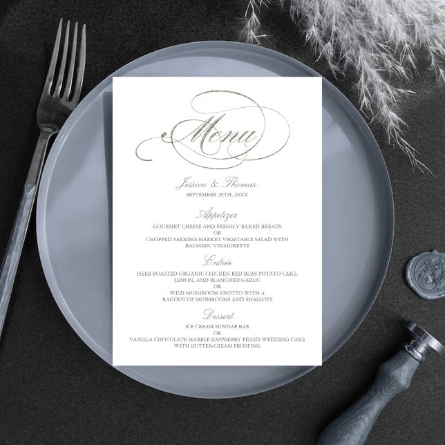 Chic Imitats Silver Foil Wedding Menu Template Menükarte (Von Creator hochgeladen)