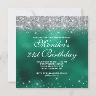Chic Imitats Silver Glitzer Monogram Green Foil Om Einladung