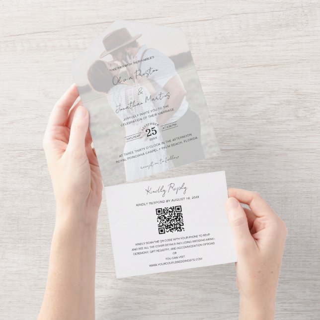 Chic Imitats Vellum Effect Foto HochzeitQR Code UA All In One Einladung (Abreißen)