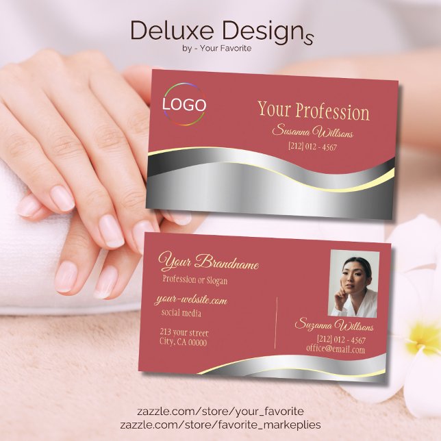 Chic Indian Red Wavy Silver Deco mit Logo-Foto Visitenkarte (Von Creator hochgeladen)