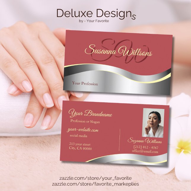 Chic Indian Red Wavy Silver Decor Initials Foto Visitenkarte (Von Creator hochgeladen)