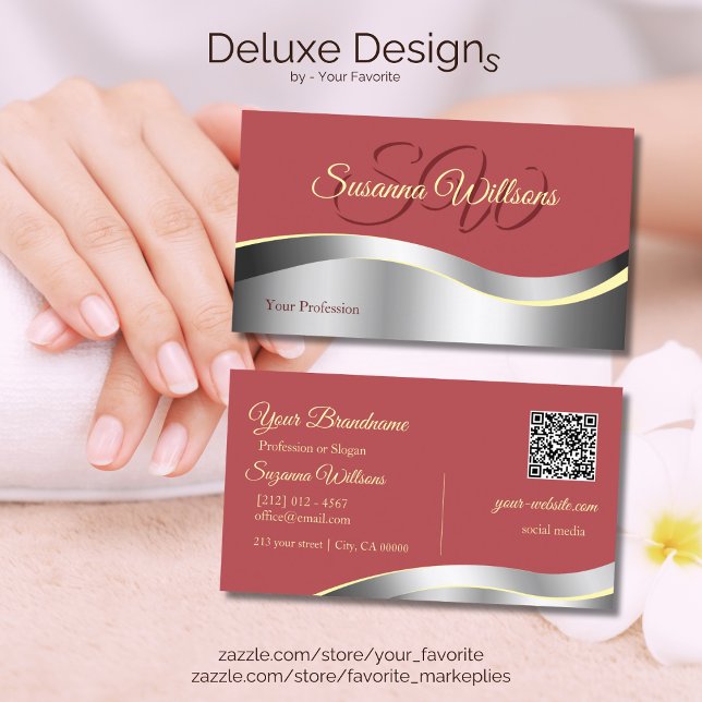 Chic Indian Red Wavy Silver Decor Initials QR Code Visitenkarte (Von Creator hochgeladen)