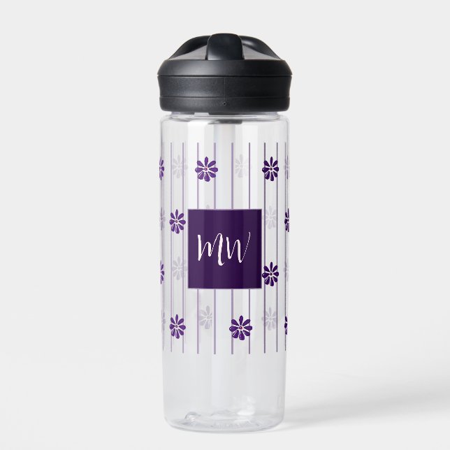 Chic Initialen Script Schrift Violette Linien & Bl Trinkflasche (Vorderseite)