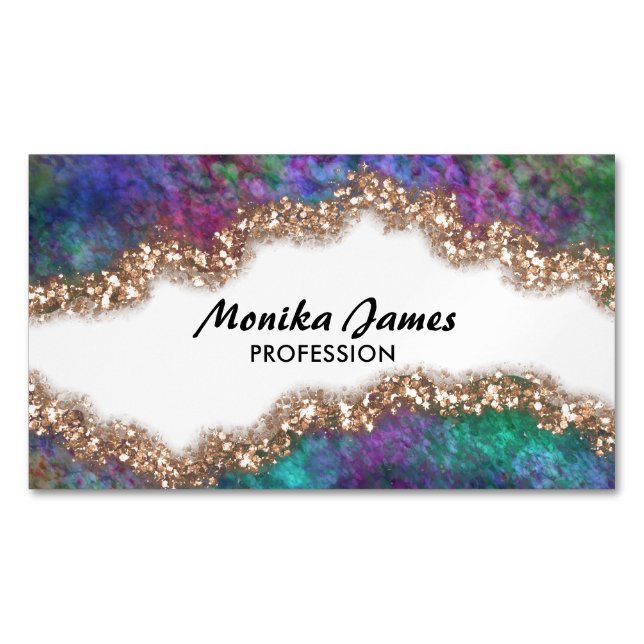 Chic Iridescent Blue Gold Imitats Glitzer Monogram Magnetische Visitenkarte (Vorderseite)