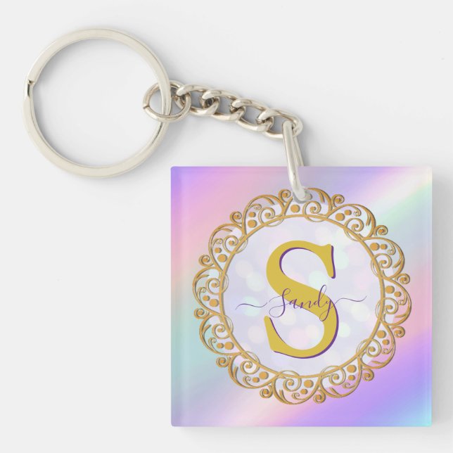 Chic Iridescent Initial With Gold Scrollwork Schlüsselanhänger (Vorderseite)