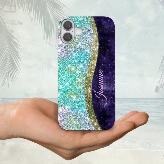 Chic iridescent lila Blue Imitats Glitzer Monogram Case-Mate iPhone Hülle (Von Creator hochgeladen)