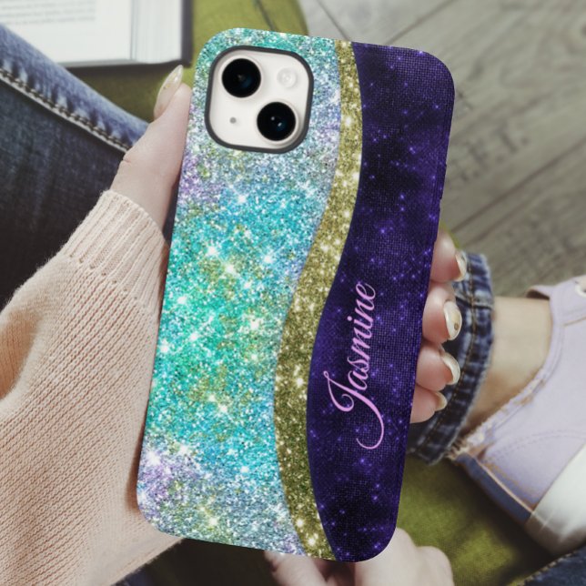 Chic iridescent lila Blue Imitats Glitzer Monogram Case-Mate iPhone Hülle (Von Creator hochgeladen)