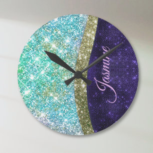 Chic iridescent lila Blue Imitats Glitzer Monogram Runde Wanduhr