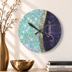 Chic iridescent lila Blue Imitats Glitzer Monogram Runde Wanduhr