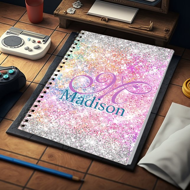 Chic iridescent pink silver faux glitter monogram notizblock (Von Creator hochgeladen)
