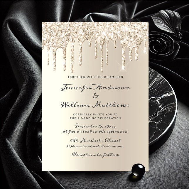 Chic Ivory Dripping Glitzer Elegante Script Weddin Einladung (Ivory Dripping Glitter Elegant Script Wedding Invitation)