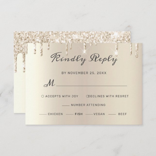 Chic Ivory Dripping Glitzer Elegante Script Weddin RSVP Karte (Vorne/Hinten)