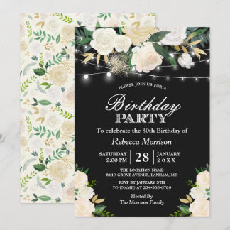 Chic Ivory Floral String Lights Geburtstagsparty Einladung